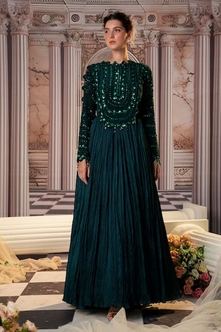 Nidhika Shekhar_Green Crepe Crystals, Sequins Collared Celestial Embroidered Anarkali _Online_at_Aza_Fashions