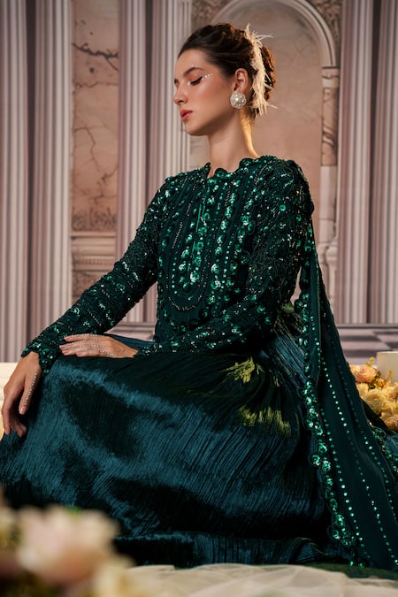 Shop_Nidhika Shekhar_Green Crepe Crystals, Sequins Collared Celestial Embroidered Anarkali _Online_at_Aza_Fashions