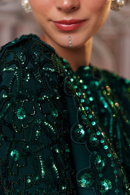 Nidhika Shekhar_Green Crepe Crystals, Sequins Collared Celestial Embroidered Anarkali _at_Aza_Fashions