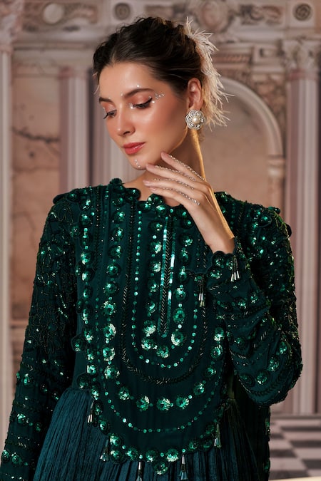 Buy_Nidhika Shekhar_Green Crepe Crystals, Sequins Collared Celestial Embroidered Anarkali 