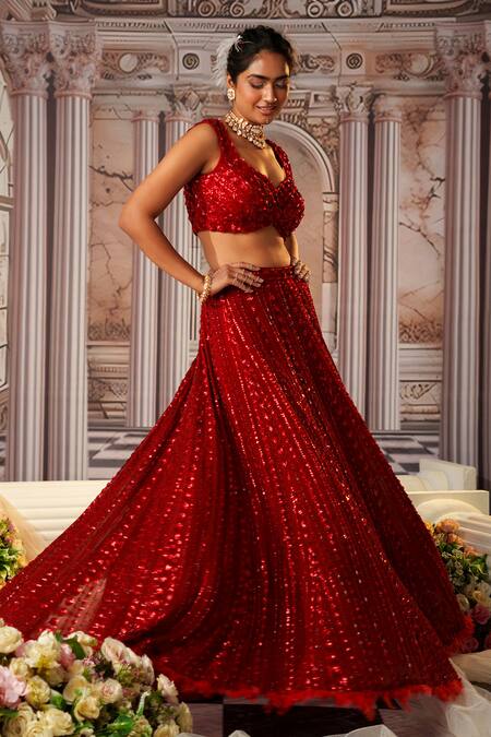 Nidhika Shekhar Red Net, Georgette Sequins, Beads, Embroidery Sweetheart Goddess Lehenga Set at Aza Fashions Nidhika Shekhar_Red Net, Georgette Sequins, Beads, Embroidery Sweetheart Goddess Lehenga Set _at_Aza_Fashions