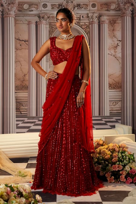 Buy Nidhika Shekhar Red Net, Georgette Sequins, Beads, Embroidery Sweetheart Goddess Lehenga Set Buy_Nidhika Shekhar_Red Net, Georgette Sequins, Beads, Embroidery Sweetheart Goddess Lehenga Set