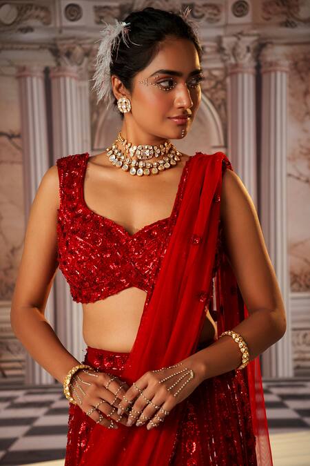 Shop Nidhika Shekhar Red Net, Georgette Sequins, Beads, Embroidery Sweetheart Goddess Lehenga Set Shop_Nidhika Shekhar_Red Net, Georgette Sequins, Beads, Embroidery Sweetheart Goddess Lehenga Set