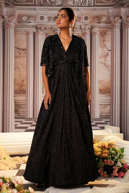 Buy Nidhika Shekhar Black Organza, Net Sequins V-neck Pulchritudinous Embroidered Anarkali With Cape Online at Aza Fashions Buy_Nidhika Shekhar_Black Organza, Net Sequins V-neck Pulchritudinous Embroidered Anarkali With Cape _Online_at_Aza_Fashions