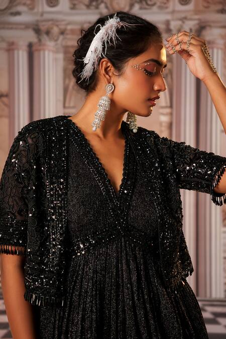 Shop Nidhika Shekhar Black Organza, Net Sequins V-neck Pulchritudinous Embroidered Anarkali With Cape Online at Aza Fashions Shop_Nidhika Shekhar_Black Organza, Net Sequins V-neck Pulchritudinous Embroidered Anarkali With Cape _Online_at_Aza_Fashions
