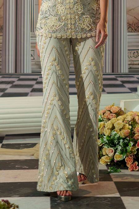 Nidhika Shekhar_Grey Organza, Net, Satin Cut Work, Celestial Embroidered Cape And Pant Set _Online_at_Aza_Fashions