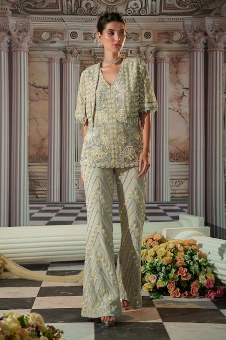 Buy_Nidhika Shekhar_Grey Organza, Net, Satin Cut Work, Celestial Embroidered Cape And Pant Set _Online_at_Aza_Fashions