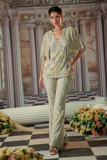 Shop_Nidhika Shekhar_Grey Organza, Net, Satin Cut Work, Celestial Embroidered Cape And Pant Set _Online_at_Aza_Fashions