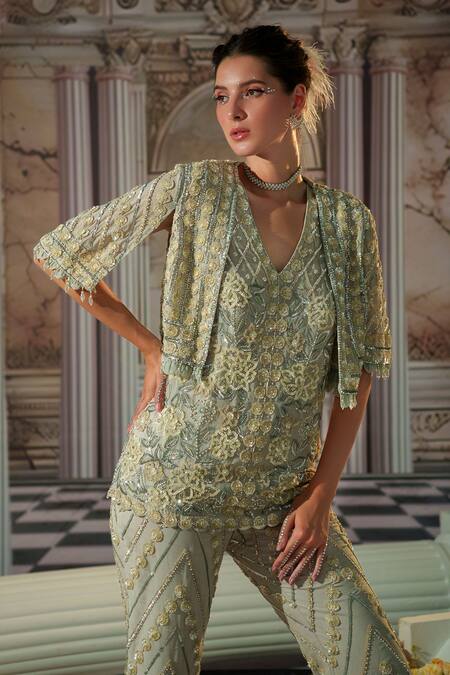 Nidhika Shekhar_Grey Organza, Net, Satin Cut Work, Celestial Embroidered Cape And Pant Set _at_Aza_Fashions