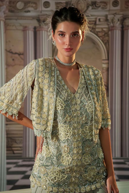 Buy_Nidhika Shekhar_Grey Organza, Net, Satin Cut Work, Celestial Embroidered Cape And Pant Set 