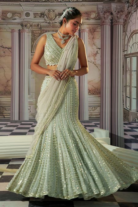 Nidhika Shekhar Grey Georgette Embroidery Linear Celestial Sequin Mermaid Lehenga And Blouse Set 