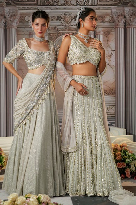 Nidhika Shekhar_Grey Net, Georgette Sequins, Celestial Embroidered Mermaid Lehenga And Blouse Set _Online_at_Aza_Fashions