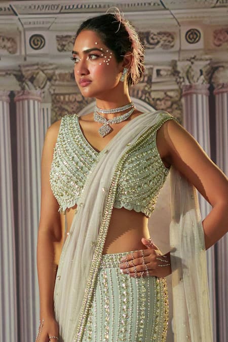 Buy_Nidhika Shekhar_Grey Net, Georgette Sequins, Celestial Embroidered Mermaid Lehenga And Blouse Set _Online_at_Aza_Fashions