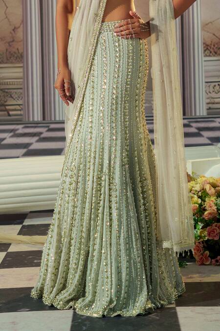 Shop_Nidhika Shekhar_Grey Net, Georgette Sequins, Celestial Embroidered Mermaid Lehenga And Blouse Set _Online_at_Aza_Fashions