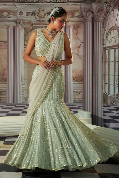 Nidhika Shekhar_Grey Net, Georgette Sequins, Celestial Embroidered Mermaid Lehenga And Blouse Set _at_Aza_Fashions