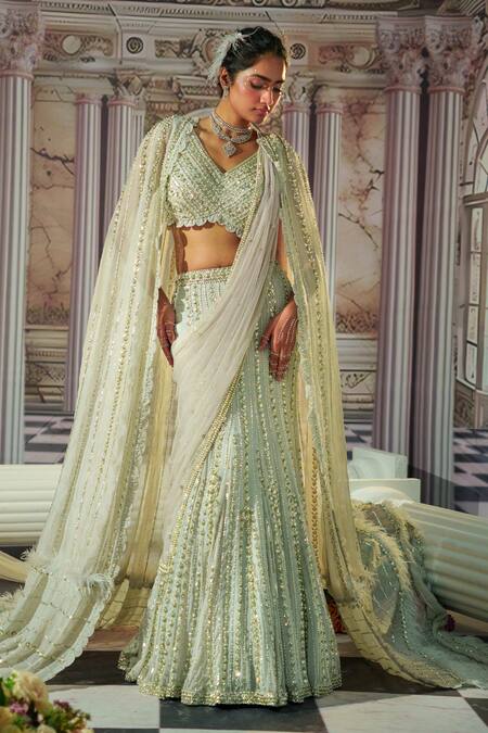 Nidhika Shekhar_Grey Organza, Georgette, Linen Celestial Embroidered Cape And Lehenga Set _Online_at_Aza_Fashions