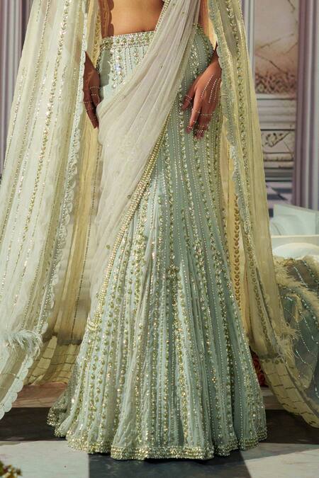 Buy_Nidhika Shekhar_Grey Organza, Georgette, Linen Celestial Embroidered Cape And Lehenga Set _Online_at_Aza_Fashions