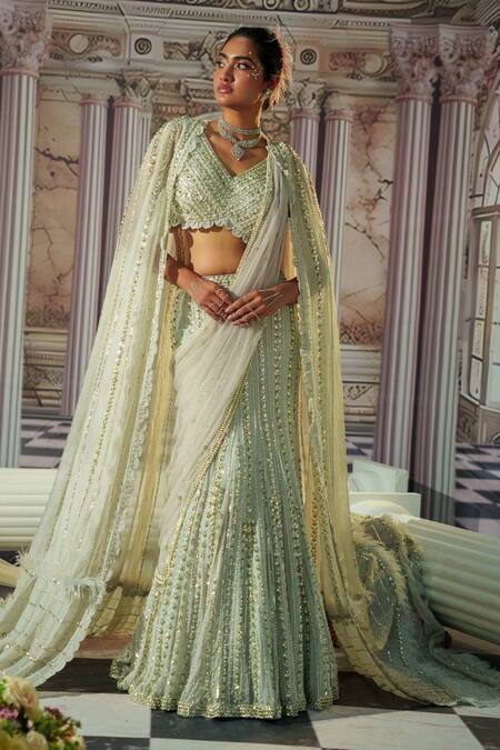 Shop_Nidhika Shekhar_Grey Organza, Georgette, Linen Celestial Embroidered Cape And Lehenga Set _Online_at_Aza_Fashions