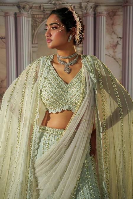 Nidhika Shekhar_Grey Organza, Georgette, Linen Celestial Embroidered Cape And Lehenga Set _at_Aza_Fashions