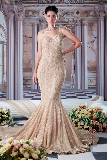 Nidhika Shekhar Beige Organza Embroidery Sequins Sweetheart Neck Aphrodite Goddess Fish Cut Gown 