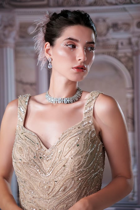 Nidhika Shekhar Beige Organza, Net, Linen Sequins, Beads Aphrodite Goddess Fish Cut Gown Online at Aza Fashions Nidhika Shekhar_Beige Organza, Net, Linen Sequins, Beads Aphrodite Goddess Fish Cut Gown _Online_at_Aza_Fashions