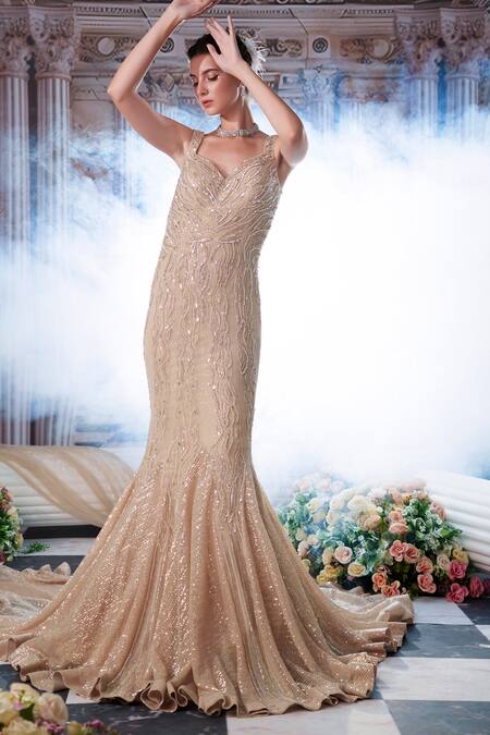 Shop Nidhika Shekhar Beige Organza, Net, Linen Sequins, Beads Aphrodite Goddess Fish Cut Gown Online at Aza Fashions Shop_Nidhika Shekhar_Beige Organza, Net, Linen Sequins, Beads Aphrodite Goddess Fish Cut Gown _Online_at_Aza_Fashions