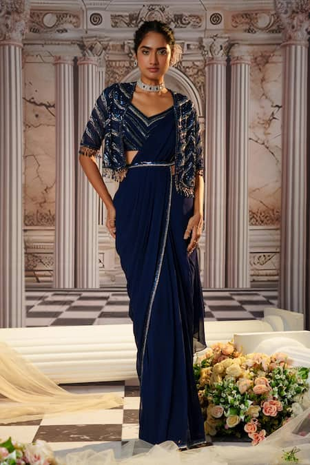 Nidhika Shekhar Aphrodite Sequin Embroidered Cape & Pre-Draped Saree Set 