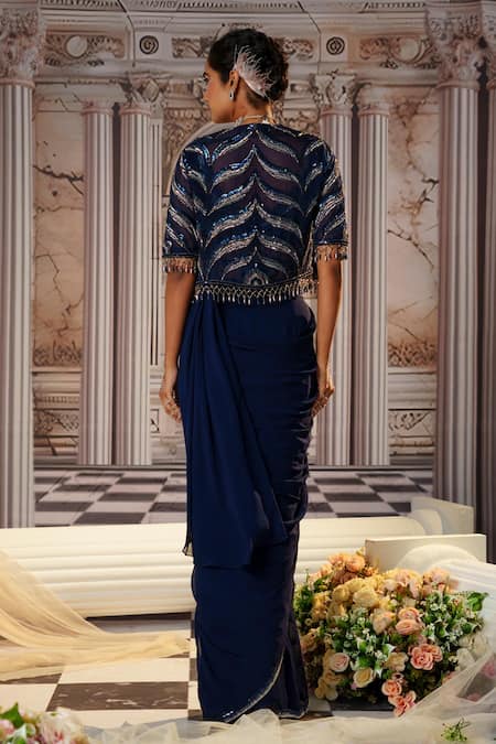 Shop Nidhika Shekhar Blue Organza, Net, Crepe Aphrodite Embroidered Cape And Pre-draped Saree Set at Aza Fashions Shop_Nidhika Shekhar_Blue Organza, Net, Crepe Aphrodite Embroidered Cape And Pre-draped Saree Set _at_Aza_Fashions