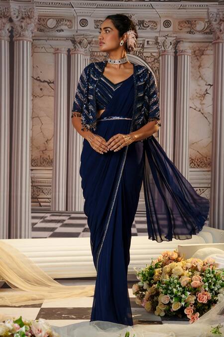 Nidhika Shekhar Blue Organza, Net, Crepe Aphrodite Embroidered Cape And Pre-draped Saree Set Online at Aza Fashions Nidhika Shekhar_Blue Organza, Net, Crepe Aphrodite Embroidered Cape And Pre-draped Saree Set _Online_at_Aza_Fashions