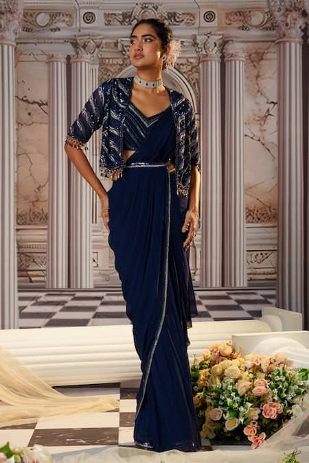 Buy Nidhika Shekhar Blue Organza, Net, Crepe Aphrodite Embroidered Cape And Pre-draped Saree Set Online at Aza Fashions Buy_Nidhika Shekhar_Blue Organza, Net, Crepe Aphrodite Embroidered Cape And Pre-draped Saree Set _Online_at_Aza_Fashions