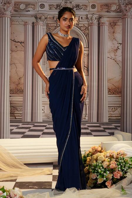 Shop Nidhika Shekhar Blue Organza, Net, Crepe Aphrodite Embroidered Cape And Pre-draped Saree Set Online at Aza Fashions Shop_Nidhika Shekhar_Blue Organza, Net, Crepe Aphrodite Embroidered Cape And Pre-draped Saree Set _Online_at_Aza_Fashions