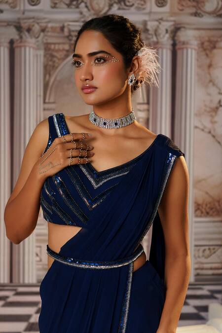 Buy Nidhika Shekhar Blue Organza, Net, Crepe Aphrodite Embroidered Cape And Pre-draped Saree Set Buy_Nidhika Shekhar_Blue Organza, Net, Crepe Aphrodite Embroidered Cape And Pre-draped Saree Set