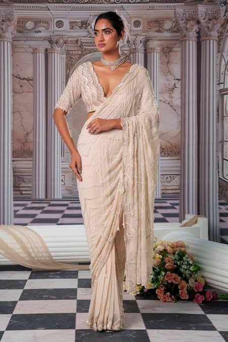 Nidhika Shekhar Beige Georgette, Linen Beads, Super Aphrodite Pre-draped Saree With Blouse Online at Aza Fashions Nidhika Shekhar_Beige Georgette, Linen Beads, Super Aphrodite Pre-draped Saree With Blouse _Online_at_Aza_Fashions