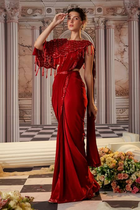 Buy Nidhika Shekhar Red Organza, Net, Crepe Beads, Sequins, Venus Pre-draped Saree And Cape Set Online at Aza Fashions Buy_Nidhika Shekhar_Red Organza, Net, Crepe Beads, Sequins, Venus Pre-draped Saree And Cape Set _Online_at_Aza_Fashions