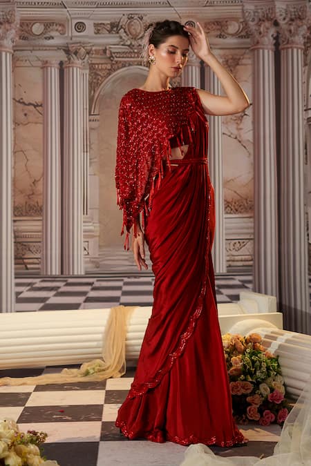 Shop Nidhika Shekhar Red Organza, Net, Crepe Beads, Sequins, Venus Pre-draped Saree And Cape Set Online at Aza Fashions Shop_Nidhika Shekhar_Red Organza, Net, Crepe Beads, Sequins, Venus Pre-draped Saree And Cape Set _Online_at_Aza_Fashions