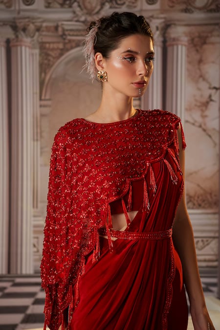 Nidhika Shekhar Red Organza, Net, Crepe Beads, Sequins, Venus Pre-draped Saree And Cape Set at Aza Fashions Nidhika Shekhar_Red Organza, Net, Crepe Beads, Sequins, Venus Pre-draped Saree And Cape Set _at_Aza_Fashions