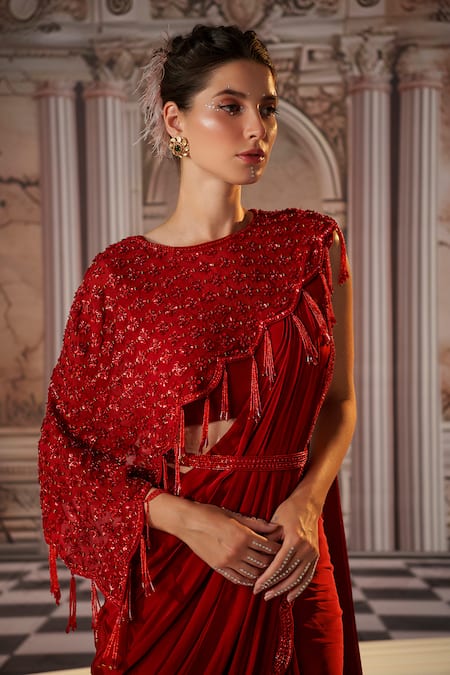 Buy Nidhika Shekhar Red Organza, Net, Crepe Beads, Sequins, Venus Pre-draped Saree And Cape Set Buy_Nidhika Shekhar_Red Organza, Net, Crepe Beads, Sequins, Venus Pre-draped Saree And Cape Set