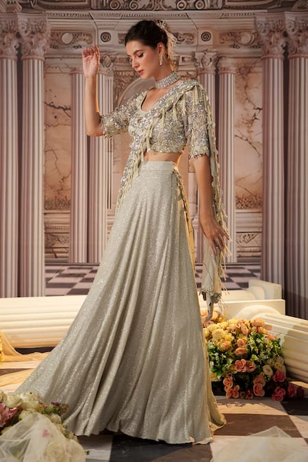 Nidhika Shekhar_Grey Georgette, Silk, Linen Angelic Pre-draped Lehenga Saree With Blouse _Online_at_Aza_Fashions