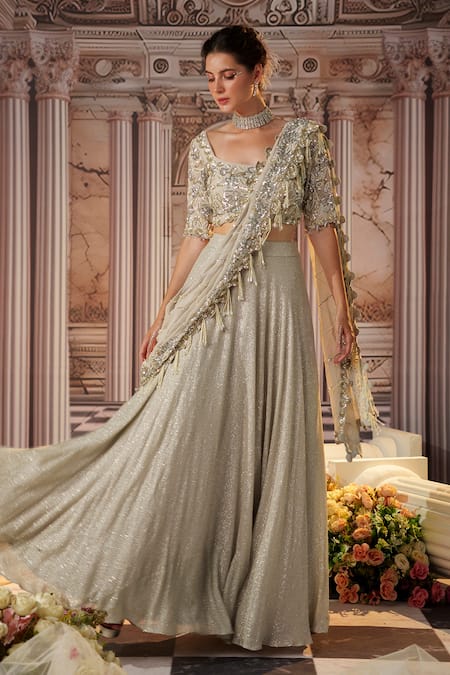 Buy_Nidhika Shekhar_Grey Georgette, Silk, Linen Angelic Pre-draped Lehenga Saree With Blouse _Online_at_Aza_Fashions