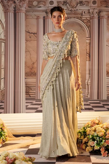 Shop_Nidhika Shekhar_Grey Georgette, Silk, Linen Angelic Pre-draped Lehenga Saree With Blouse _Online_at_Aza_Fashions