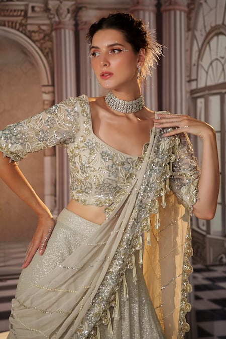 Nidhika Shekhar_Grey Georgette, Silk, Linen Angelic Pre-draped Lehenga Saree With Blouse _at_Aza_Fashions