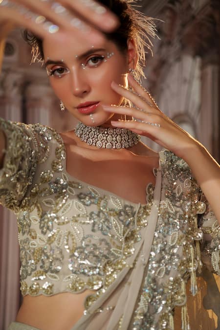 Buy_Nidhika Shekhar_Grey Georgette, Silk, Linen Angelic Pre-draped Lehenga Saree With Blouse 