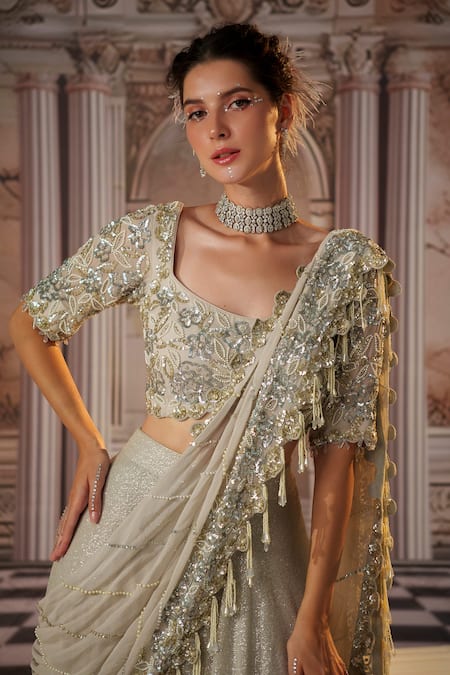 Shop_Nidhika Shekhar_Grey Georgette, Silk, Linen Angelic Pre-draped Lehenga Saree With Blouse 