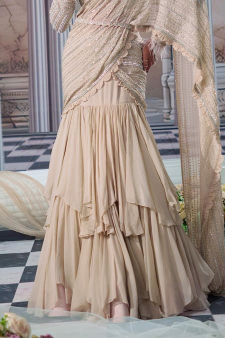 Nidhika Shekhar Beige Organza, Net, Linen Sequins, Elysian Ruffled Pre-draped Saree And Blouse Set Online at Aza Fashions Nidhika Shekhar_Beige Organza, Net, Linen Sequins, Elysian Ruffled Pre-draped Saree And Blouse Set _Online_at_Aza_Fashions