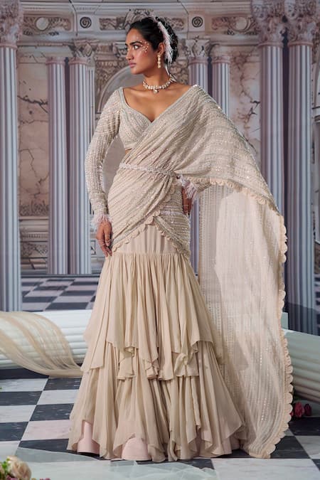 Buy Nidhika Shekhar Beige Organza, Net, Linen Sequins, Elysian Ruffled Pre-draped Saree And Blouse Set Online at Aza Fashions Buy_Nidhika Shekhar_Beige Organza, Net, Linen Sequins, Elysian Ruffled Pre-draped Saree And Blouse Set _Online_at_Aza_Fashions