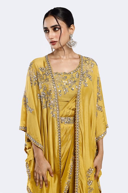 Onaya_Yellow Silk Cut Work, Sequins, Pre-stitched Saree Set With Embellished Cape_Online_at_Aza_Fashions
