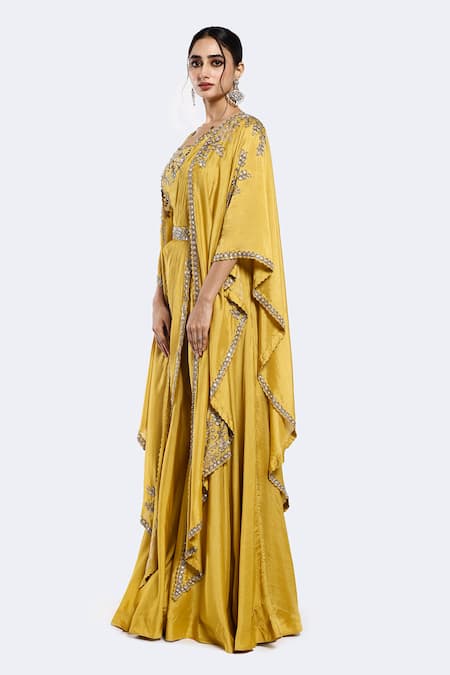 Buy_Onaya_Yellow Silk Cut Work, Sequins, Pre-stitched Saree Set With Embellished Cape_Online_at_Aza_Fashions