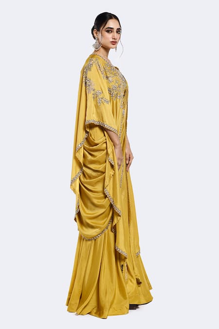 Shop_Onaya_Yellow Silk Cut Work, Sequins, Pre-stitched Saree Set With Embellished Cape_Online_at_Aza_Fashions