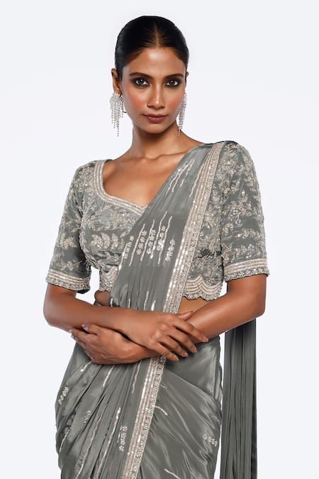 Onaya_Green Crepe Cut Work, Stripe Embellished Pre-stitched Saree With Blouse _Online_at_Aza_Fashions