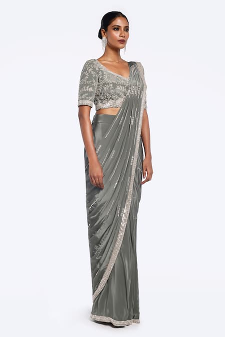 Shop_Onaya_Green Crepe Cut Work, Stripe Embellished Pre-stitched Saree With Blouse _Online_at_Aza_Fashions